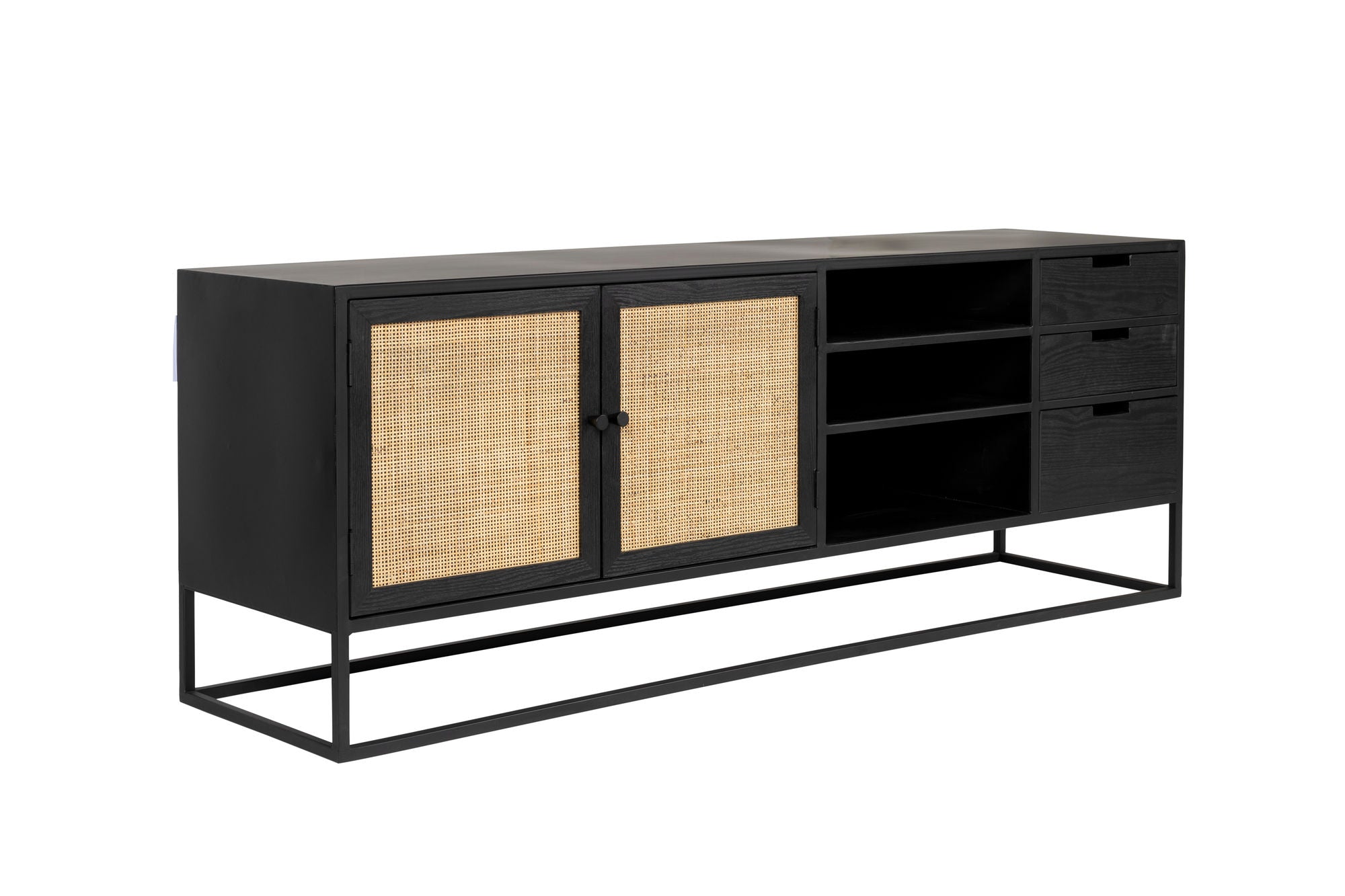 Guuji Black Wood & Natural Rattan TV Unit